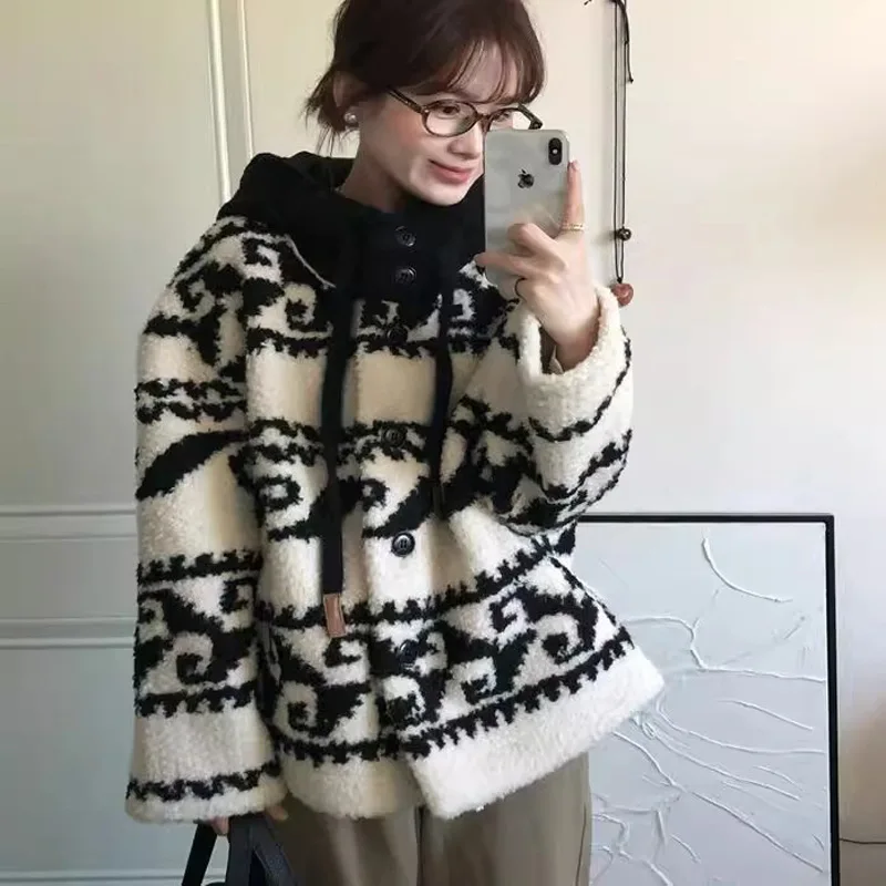 

Spring Autumn Loose Fit Hooded Coat Polyester Fiber Gelling Resin Coloring Pro 2025 New Style Women's Thickened Lamb Fur Vest