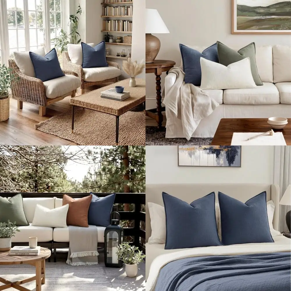 

Large 24x24 Boho Farmhouse Throw Pillows, 2 Pack, Navy Blue Linen Cushion Covers for Sofa, Couch, Living Room Decor