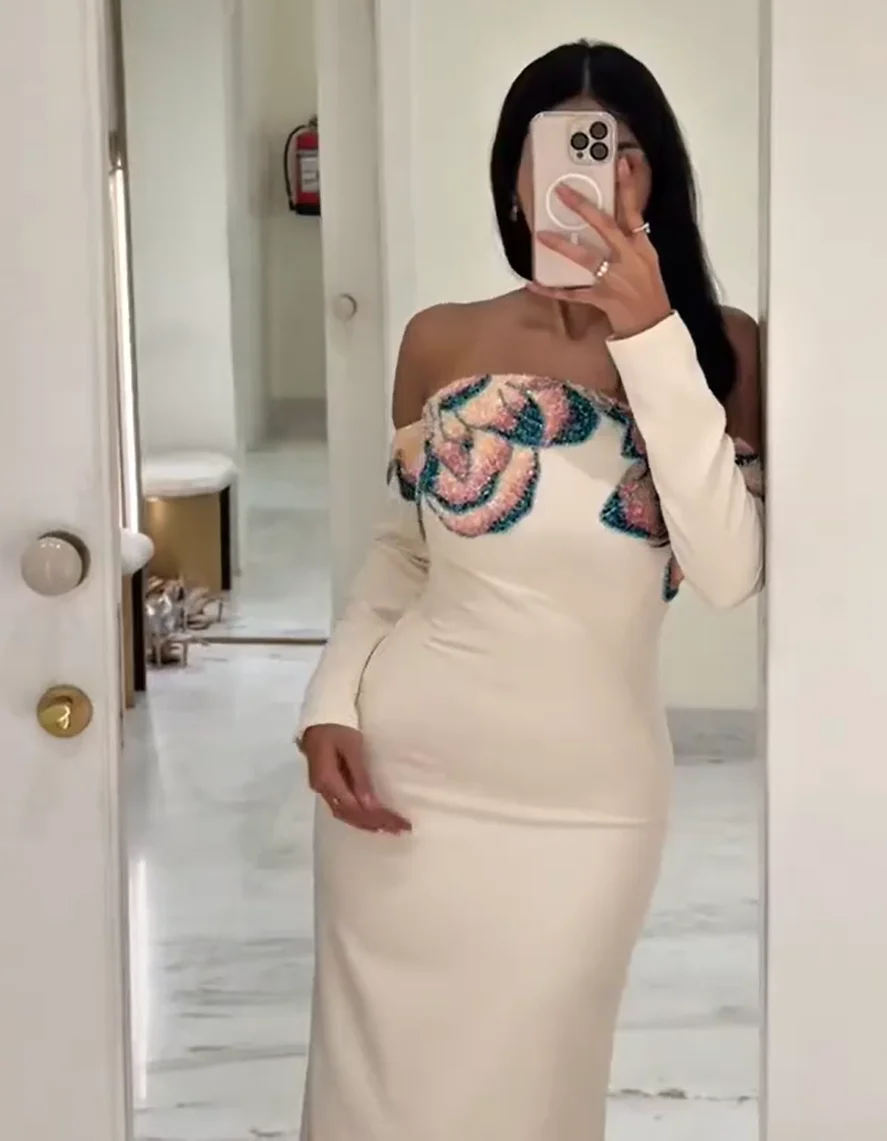 

White Crystal Mermaid Off the Shoulder Prom Dresses Long for Women 2026 Long Sleeve Formal Evening Gowns Customized