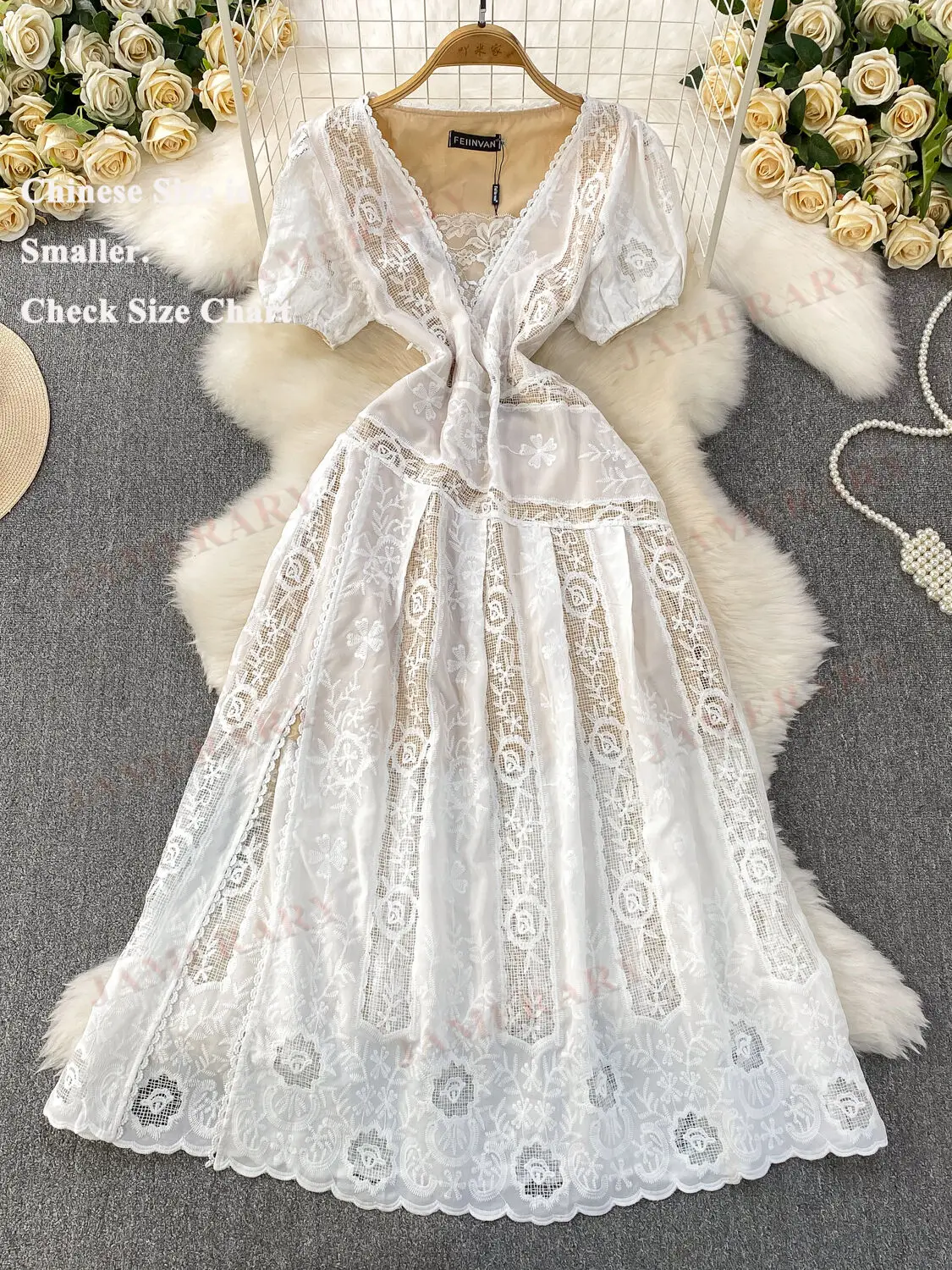 

Summer Formal Evening Lace Long Dress Women Short Sleeve V Neck Embroidery Hollow Out Sweet Elegant Birthday Party Dresses White