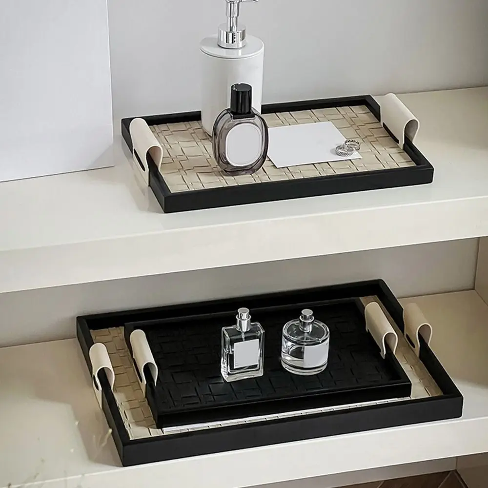 

Black/Beige Woven Leather Storage Tray Rectangle Handmade Jewelry Display Plate with Handle Cosmetic Sundries Plate Entry Table