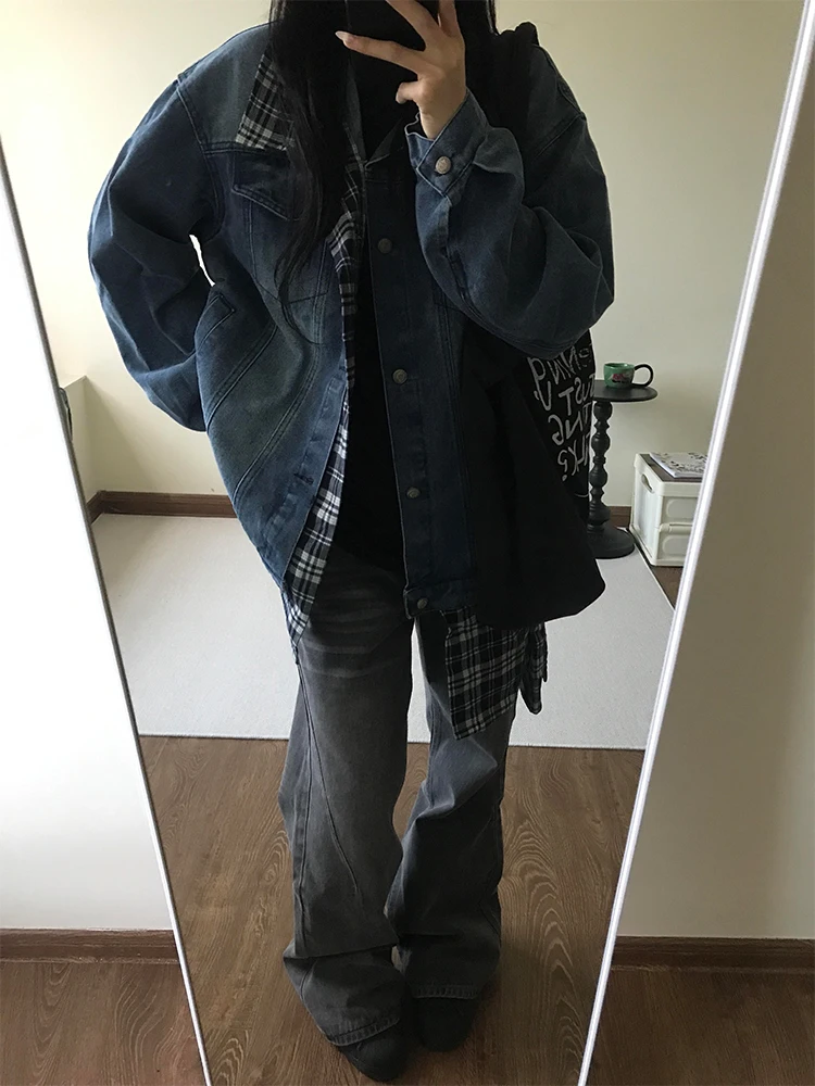 

Осенне-зимняя женская куртка Y2k 2000-х годов, джинсовая куртка унисекс, пальто в стиле Харадзюку, ковбойская верхняя одежда, оверсайз, прилив, студенческий стиль