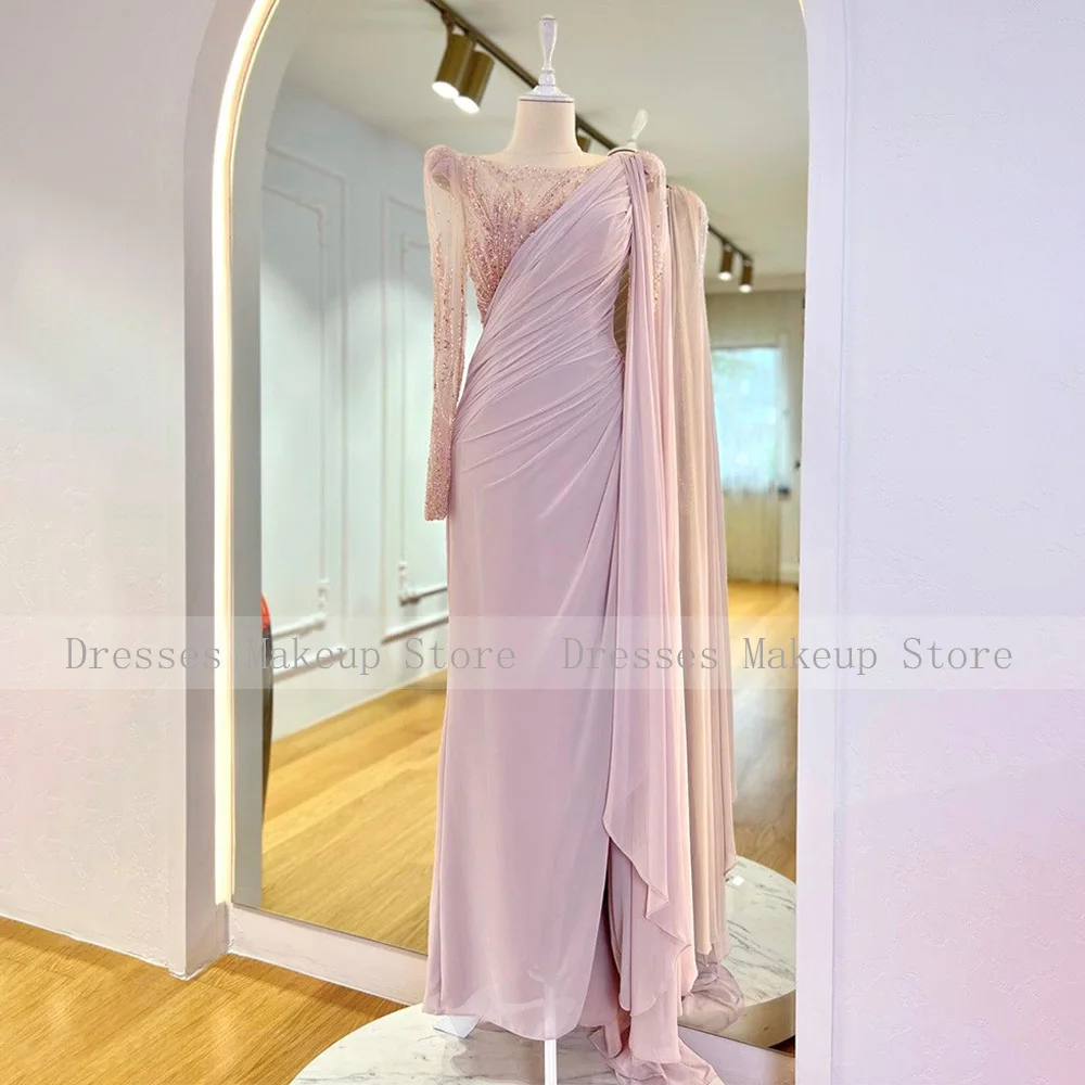 Luxury Evening Dresses for Wedding Sky Blue Beading Bateau Mermaid Formal Gowns Women 2023 Long Sleeves Wedding Guest Dress