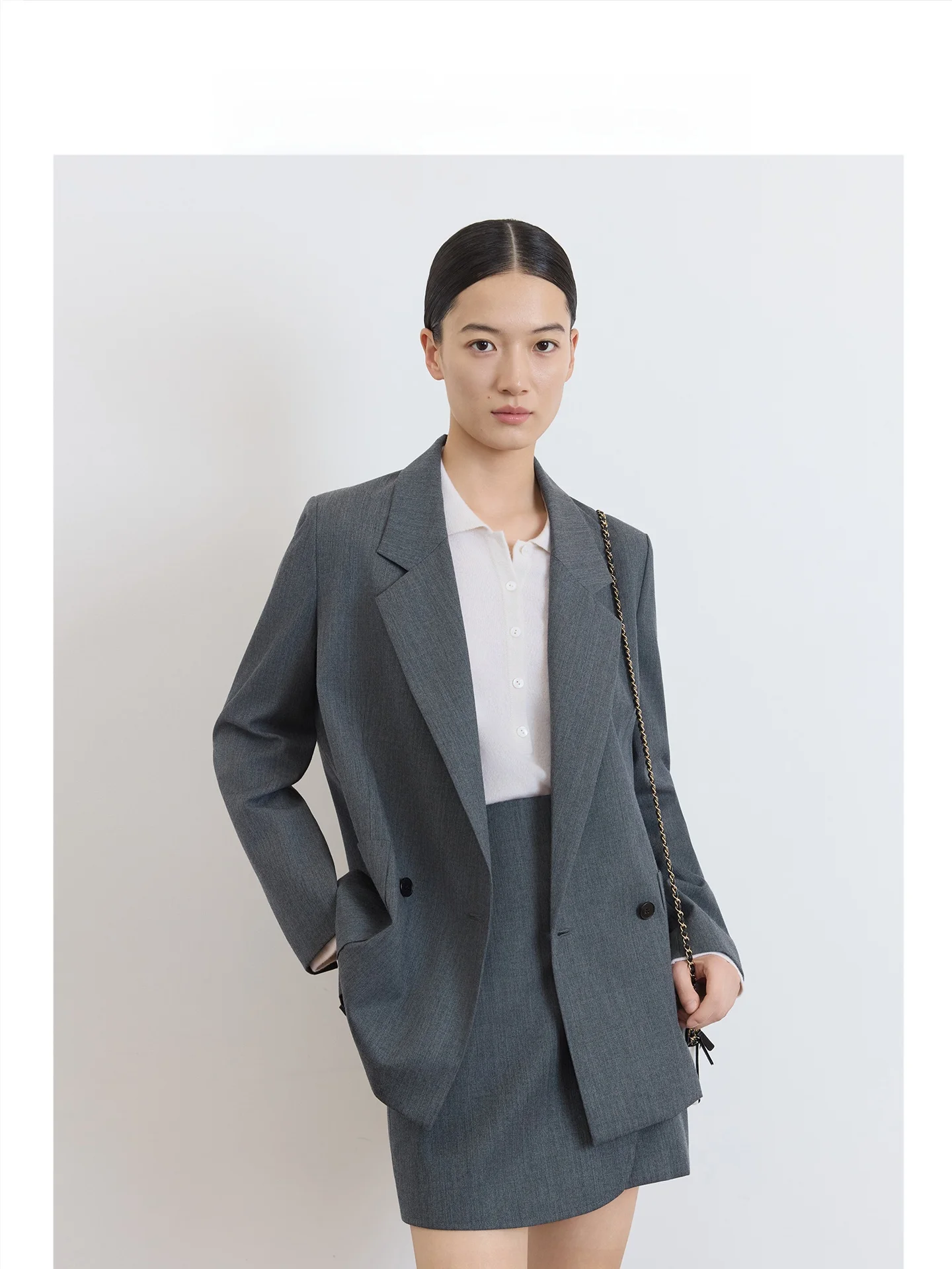 CEJIA Anzugrock-Set aus Merinowolle für Damen, tiefe Augen, Pendeln, SLE, Standpassform, vier Knöpfe, Manschette, echter Schlitz, lang, Sve