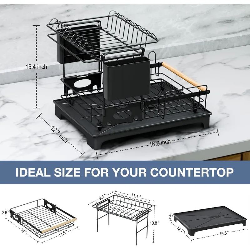 2 Tier Dish Drying Rack,  Rack with Drainboard Set, Kitchen Organizer with Cup Holder, Utensil Holder, Cutting-Board Holder