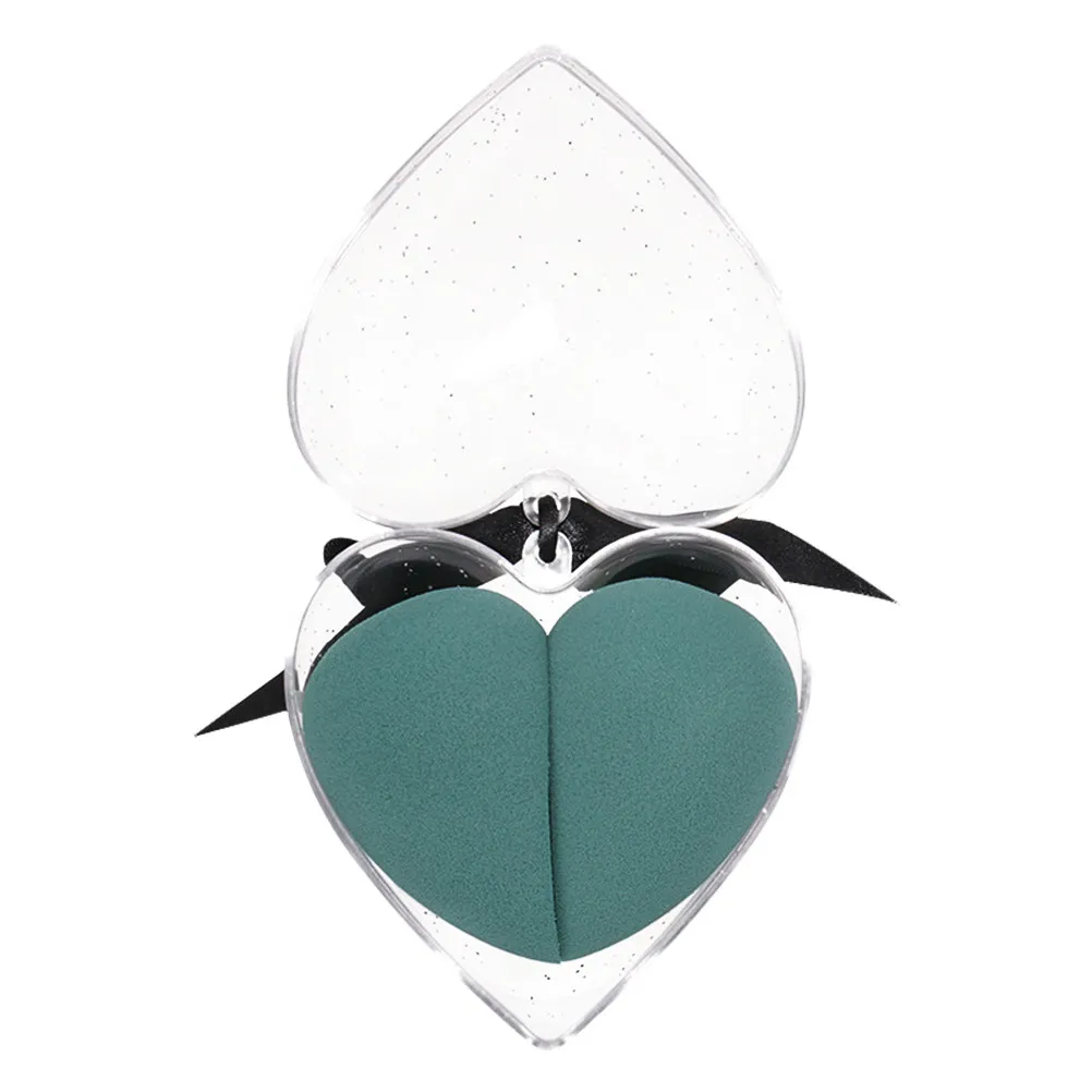2Pcs Heart Shape Makeup Sponges Powder Puff Dual Wet Dry Use Foundation Blending Egg Sponges Dark Green