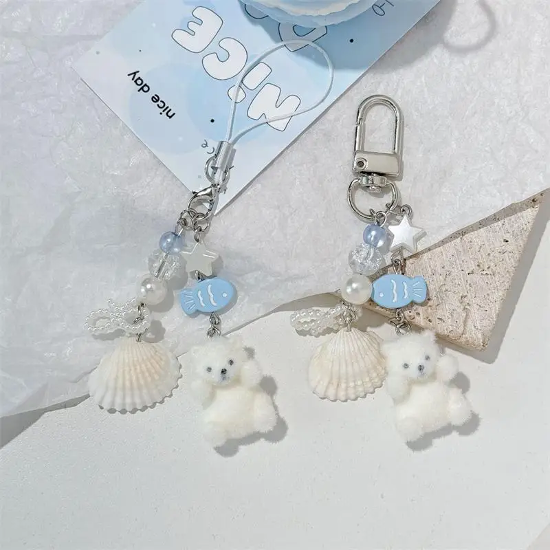 Cute Cartoon Lovely Animal Flocked Polar Bear Shell Keychain Pendant Backpack Ornament Bag Lanyard Phone Chain Girl Gift Keyrin