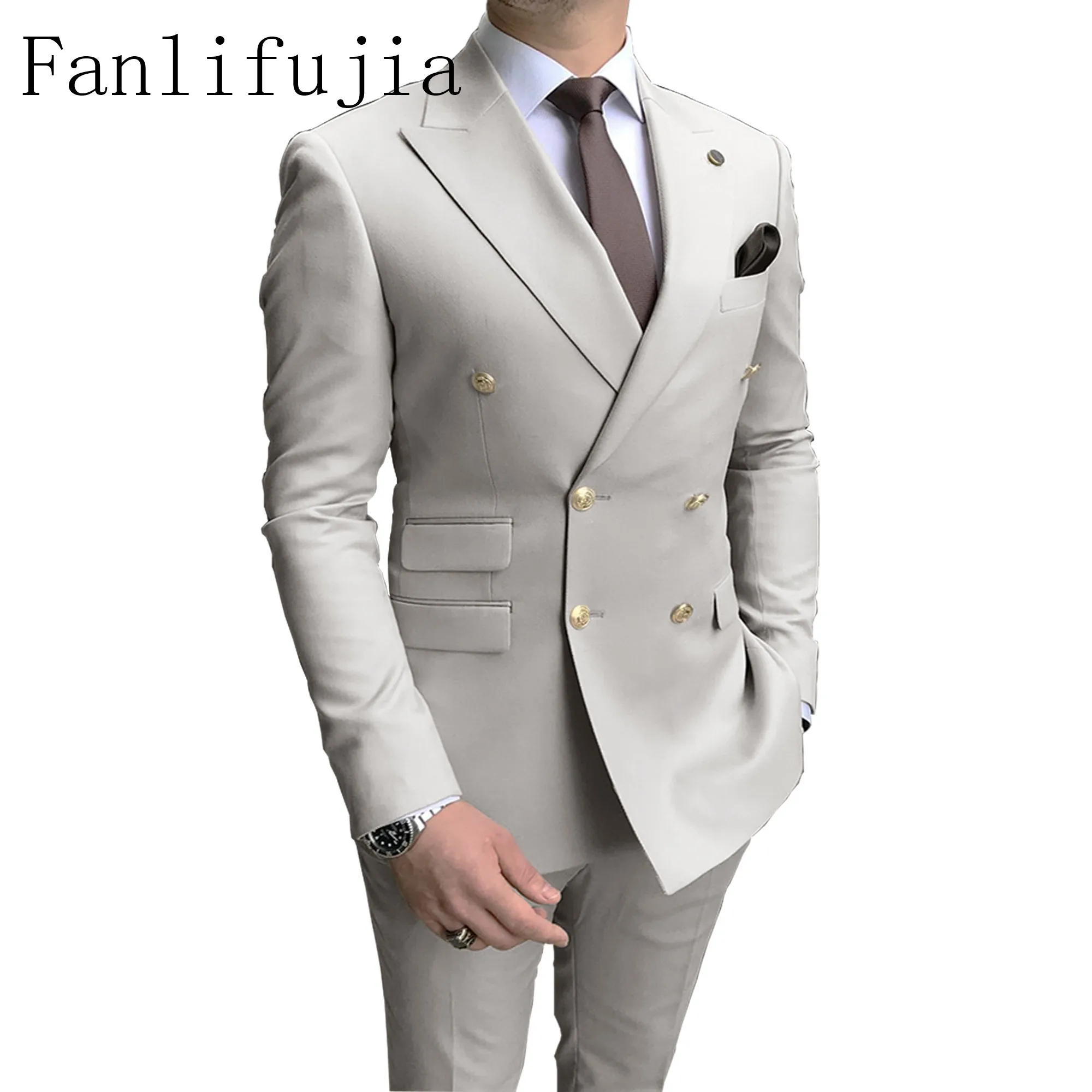 Fanlifujia Winkel Marine Mannen Party Smoking 2 Stuks Nieuwste Piek Revers Mannen Pakken Gouden Knoppen Mode Stijl Pakken Double Breasted