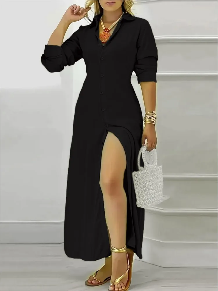가을 우아한 롱 드레스 여성 기질 새로운 패션 캐주얼 솔리드 컬러 라펠 긴 소매 셔츠 버튼 사다리 여성용
