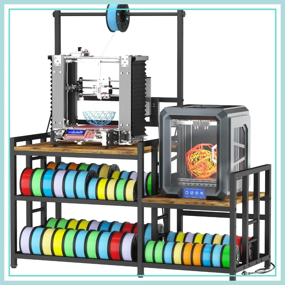 3D Printer Stand with Filament Storage, Heavy Duty Desk with Power Outlet, Retro Brown