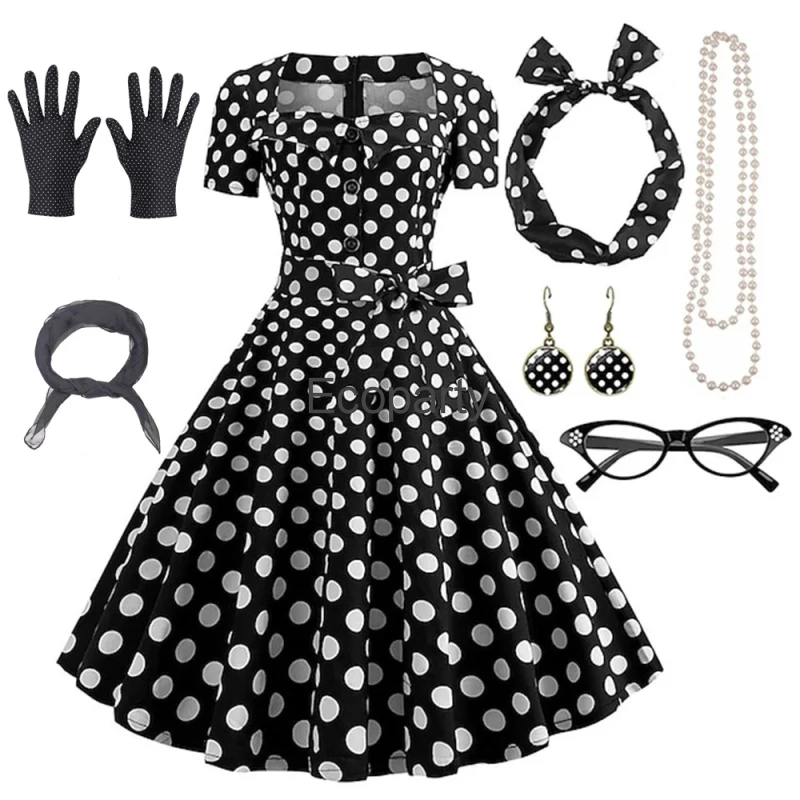 50er Jahre Vintage Hepburn Kleid für Frauen Retro schwarz Punkt quadratischen Hals A-Linie Kleid mit Brille Schal Handschuhe Anzug Halloween Kostüme