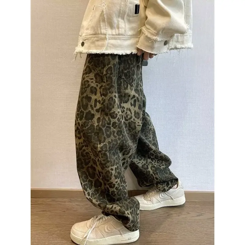 الخريف تان ليوبارد الجينز الرجال الدنيم السراويل الذكور كبيرة الحجم واسعة الساق السراويل الشارع الشهير الهيب هوب خمر فضفاض عادية الحيوان طباعة #4