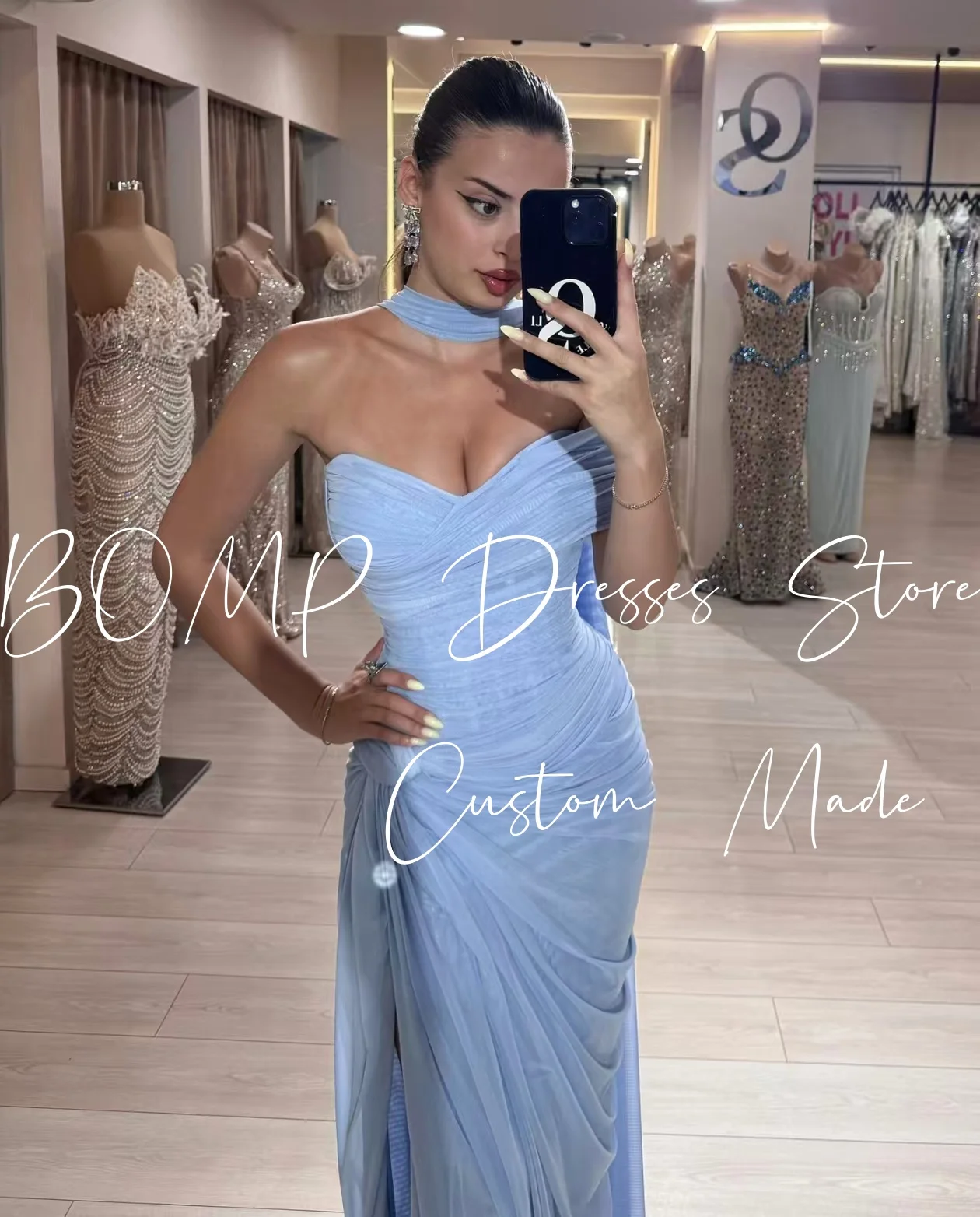 

BOMP Elegant Blue Evening Dress Strapless Draped Mermaid Floor Length Tulle Formal Occasion Party Dresses Customized Arabic