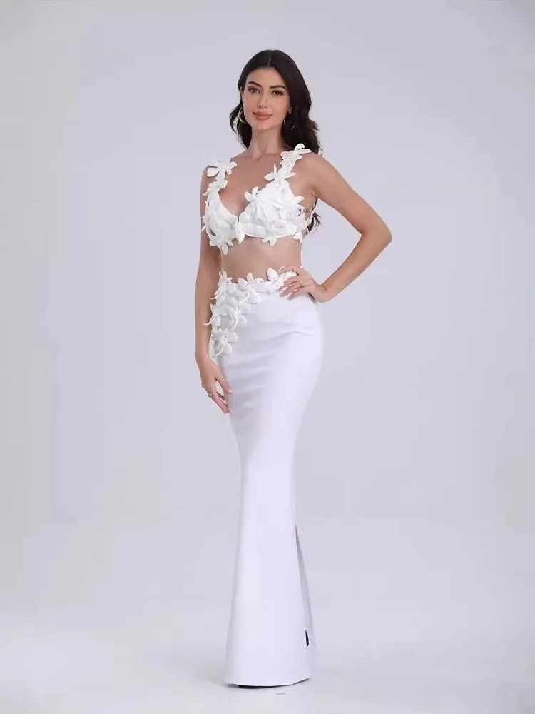 Sexy Women's Set White Sleeveless Splicing Flower Hollowing Out Top & Long Skirt 2026 Celebrity Party Cocktail Prom Gown Outfit