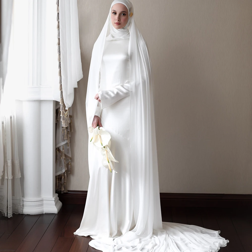 

Simple Muslim Wedding Dresses with High Collar Long Sleeves Mermaid Sweep Train Civil Brides Dress Islam Bridal Gown Customized