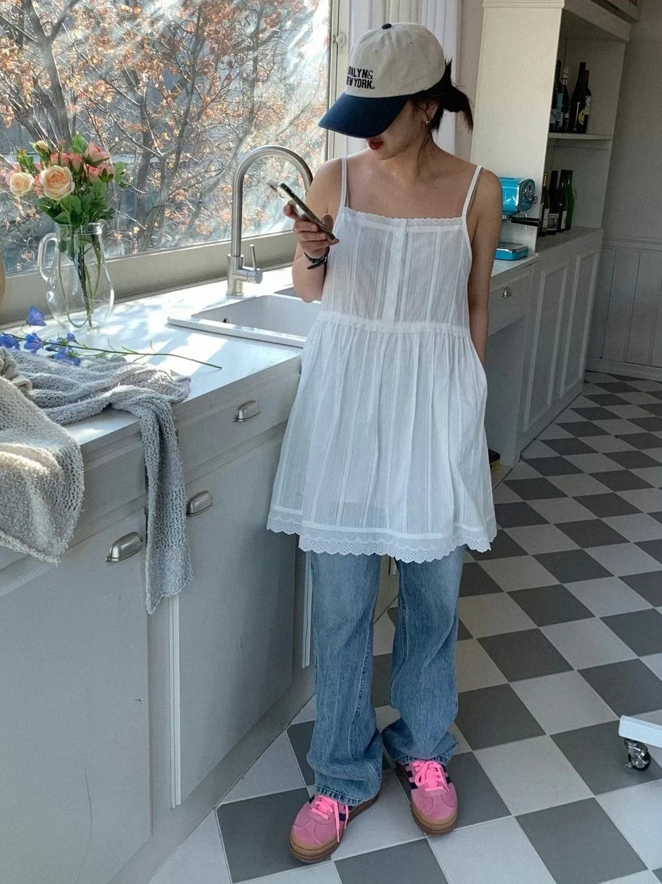 

Sweet Style Ruffle Hem Slim Fit Strap Dress Simple Design High Waist A-Line Skirt Korean Style Commute Short Dress without Sl...
