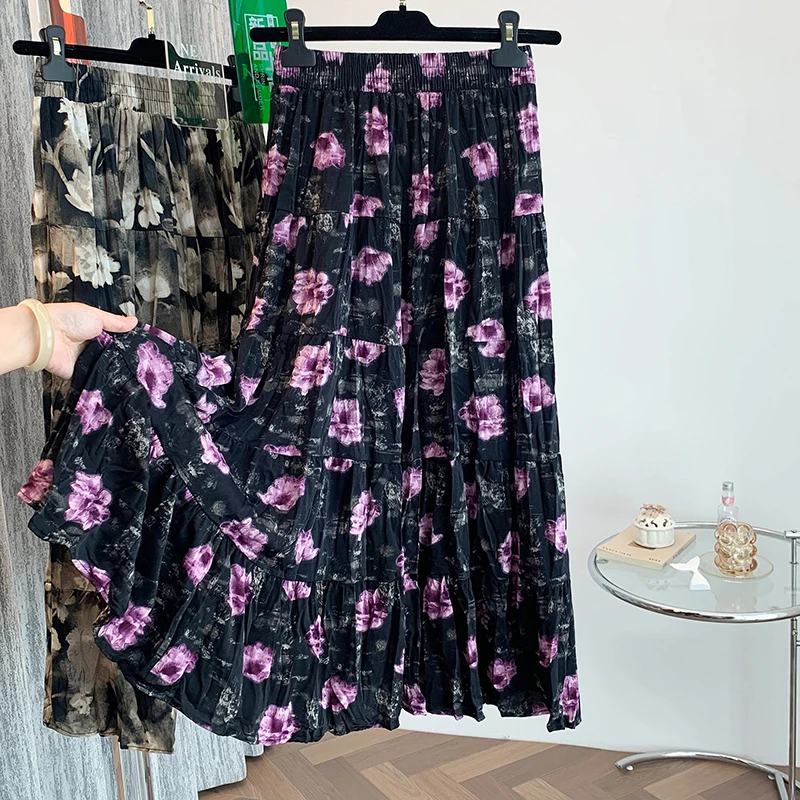กระโปรงยาวทรงเอวสูงลายวินเทจพิมพ์ลายดอกไม้ ผ้าพลิ้วไหว สไตล์ลำลอง เหมาะสำหรับใส่ไปทำงาน