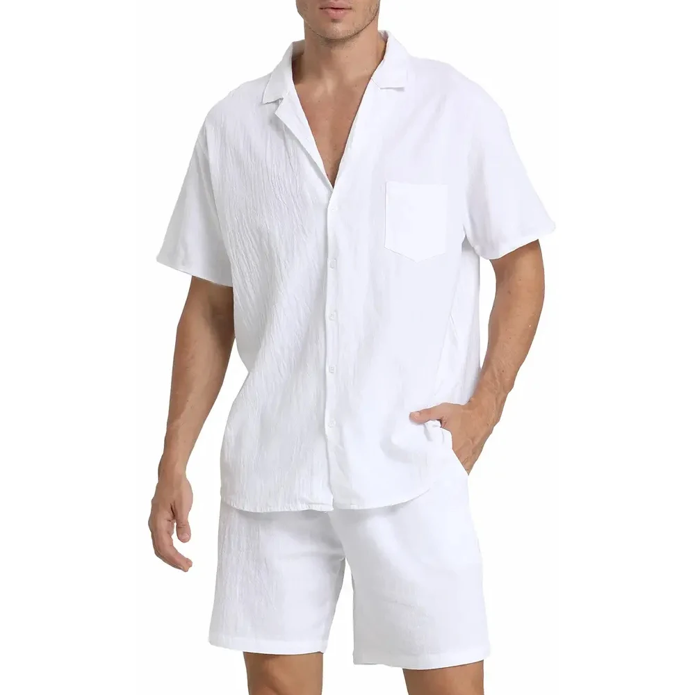 Men\'s Summer Sports Suit, Casual Cotton and Linen, Blended Short-Sleeved Shorts, 2-Piece Set, Beach Shorts, New Style