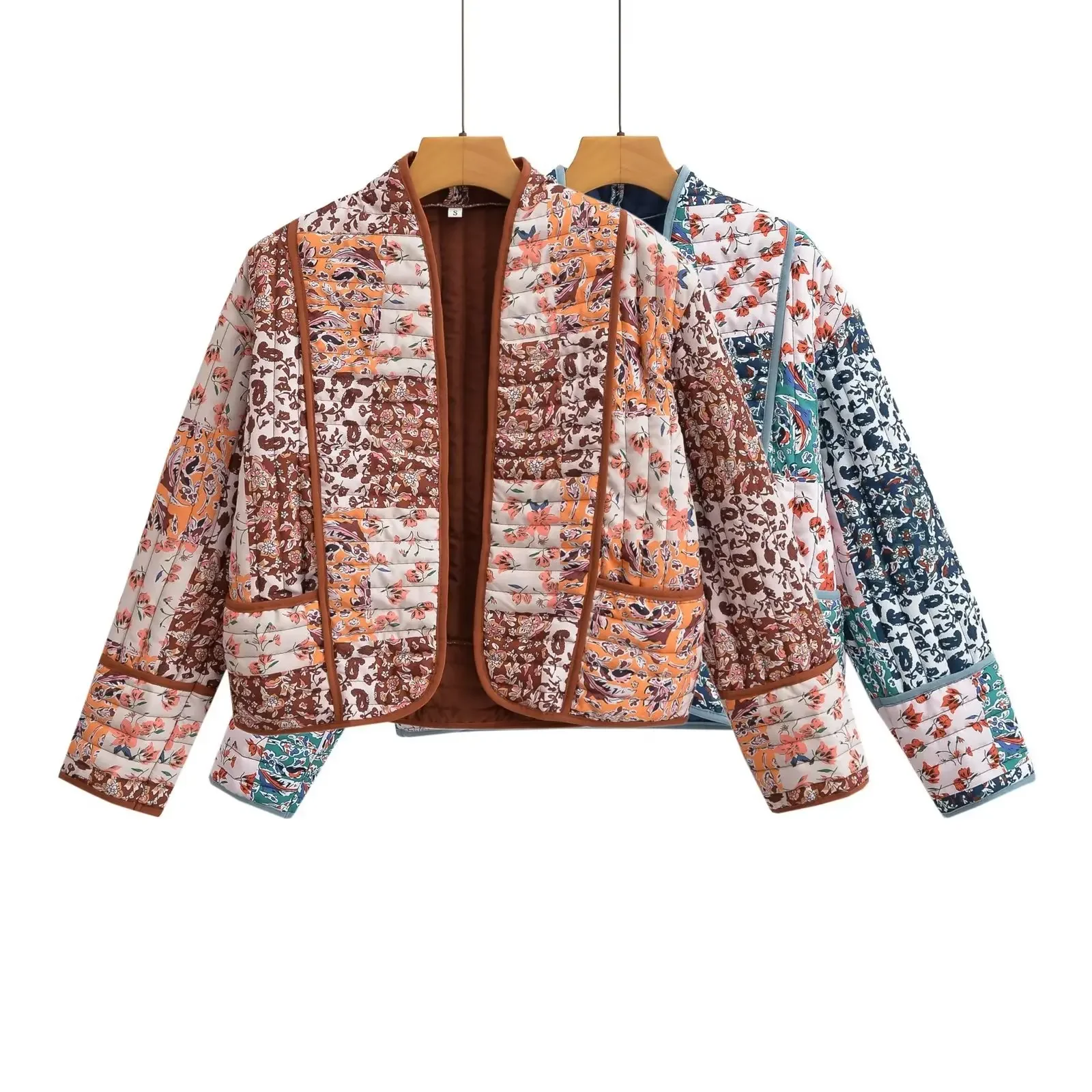 Women Autumn Quilted Jacket Short Floral Print Jacket Coat with Pocket Casual Office Lady Parkas