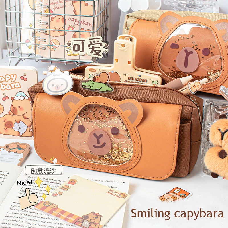 capivara case lapis lantejoulas grande capacidade papelaria bolsa lona bonita kits escola coreana volta as aulas 01