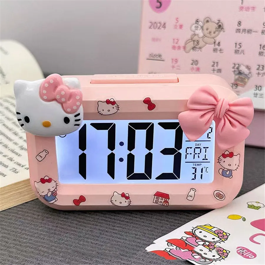 Hello Kitty Alarm Clock Cartoon Saniro Mini Kitty Cat Noctilucent Alarms Clocks Dormitory Desktop Ornament Student Alarm Clocks