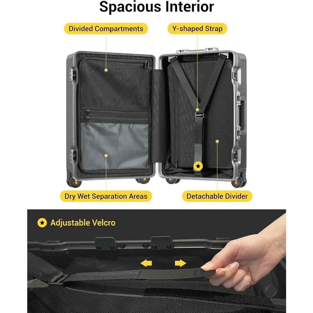 LEVEL8 حقيبة حمل بدون سحاب على الأمتعة معتمدة من شركة الطيران بإطار من الألومنيوم، حقيبة ذات هيكل صلب مع عجلات دوارة، فحص معدني