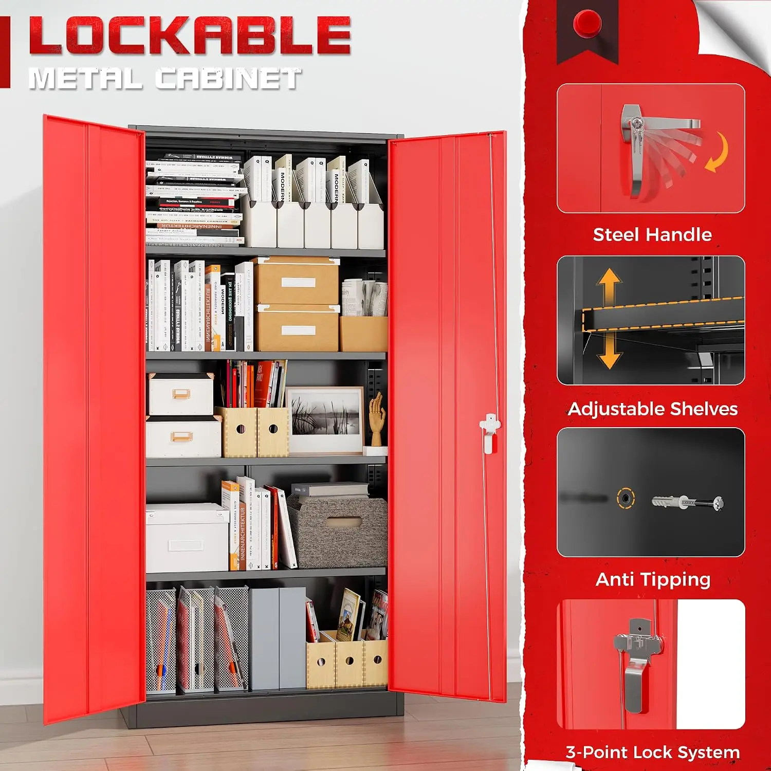 Heavy Duty Metal Garage Storage Cabinet, Steel Locking Utility Closet with 2 Doors and 5 Adjustable Shelves for Home Office Workshop Tools Organization, Black view 6