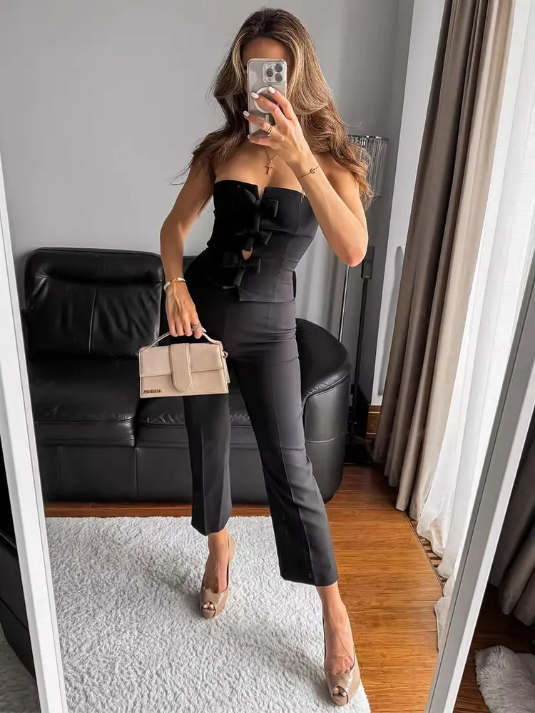 TRAFZA 2024 Woman Solid Color Slim Wide Leg Jumpsuit Women Chic Sleeveless Backless Side Zipper Bow Hollow Decorate Jumpsuit