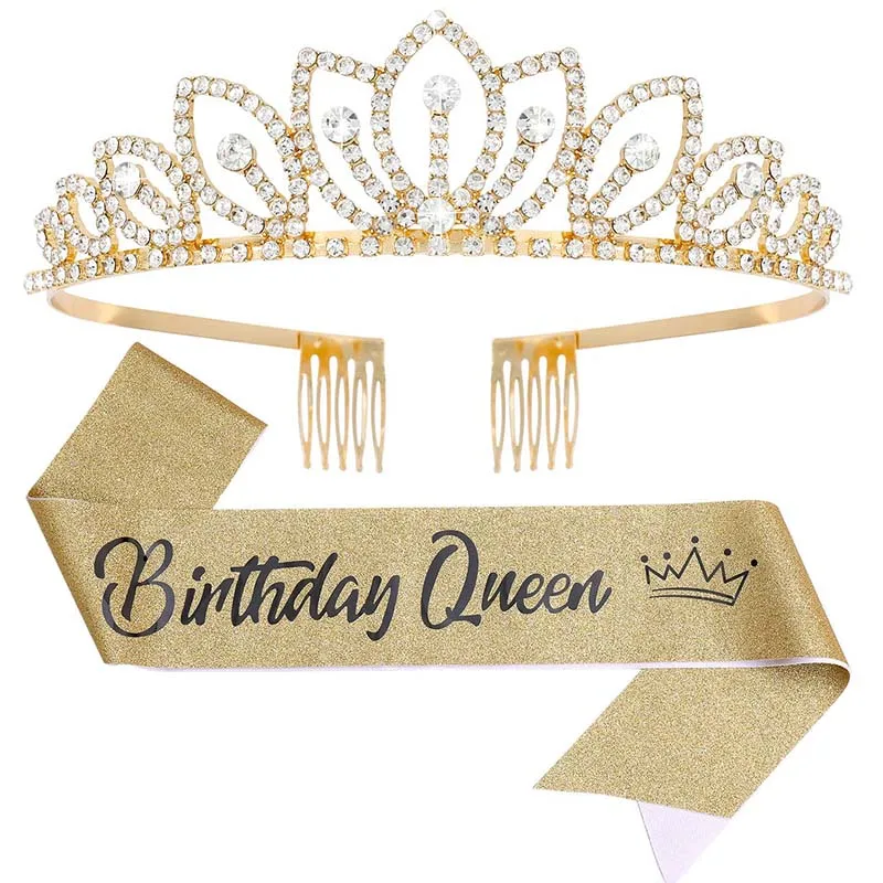 

Birthday Queen Girl Sash and Crown Set for Party Decoration Kids Rose Gold Silver Glitter Birthday Princess Sash Belts+Tiara 2PC