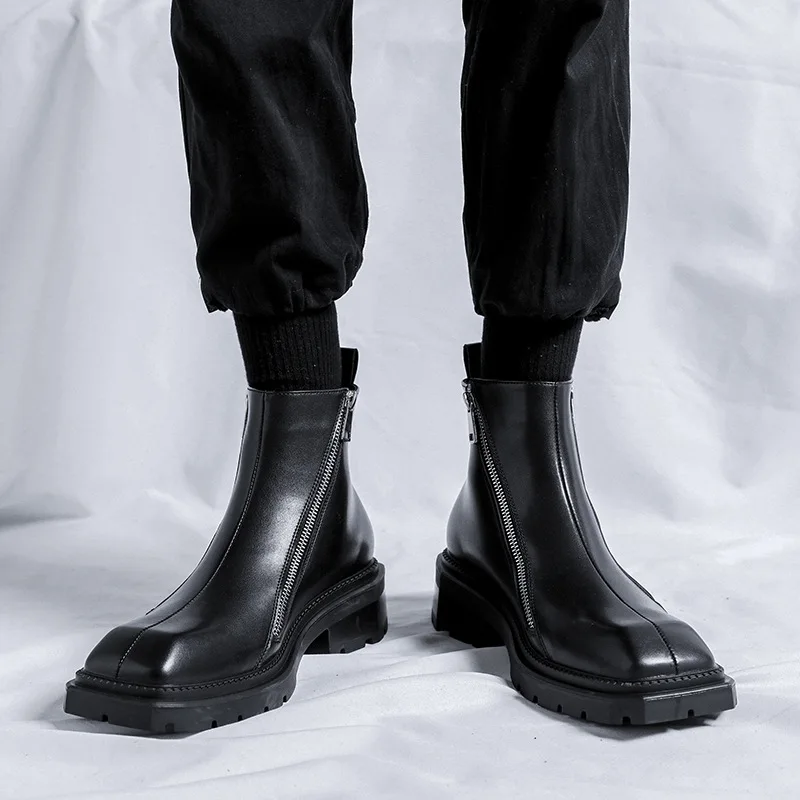 

Мужские ботинки, кожаные туфли с квадратным носком, 2021, черные короткие сапоги средней высоты в британском стиле с двусторонней молнией, мужские ботинки