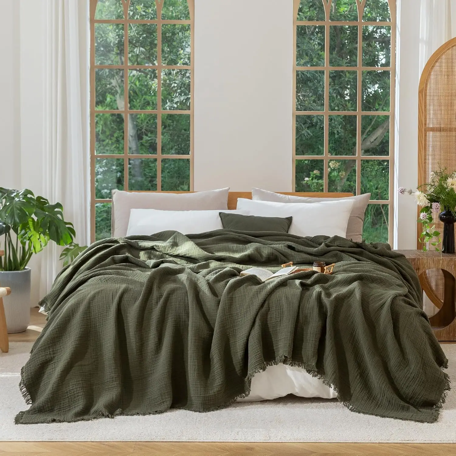 

4-Layer Gauze Blanket: 100% Cotton, Lightweight & Breathable, King Size 104"x90", Olive Green