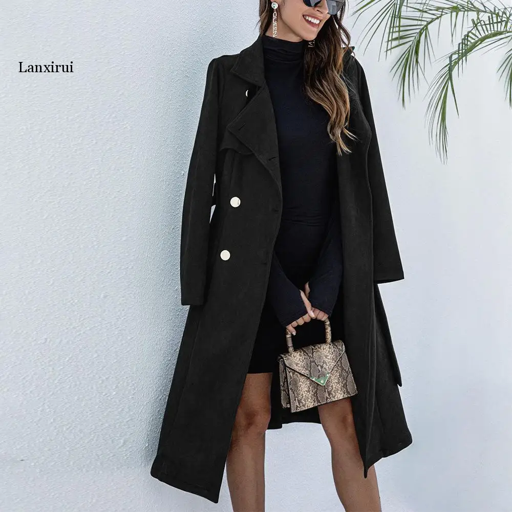 Vrouwen Trenchcoat Slanke Lange Jassen 2022 Nieuwe Lente Herfst Koreaanse Suede Windbreaker Met Riem Toevallige Bovenkleding Vrouwelijke