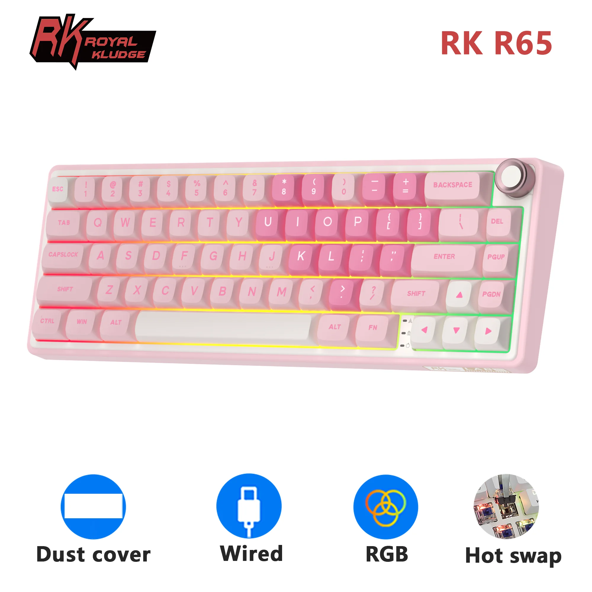 Royal Kludge RKR65 Pink Wired Mechanical Keyboard 65% 66 Key MDA PBT Keycaps RGB Backlit Hot-swappable Gamer Keyboard Metal Knob