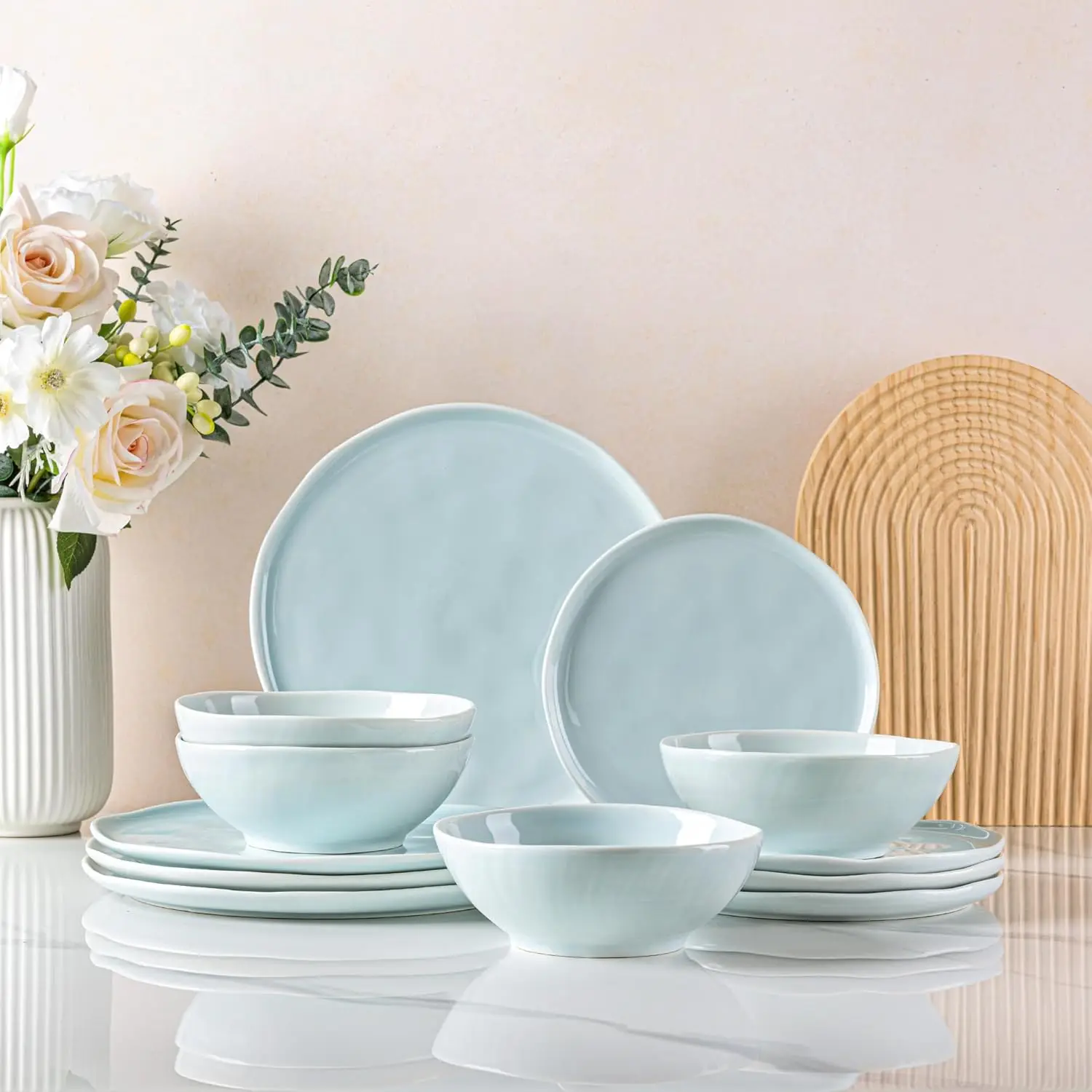

Ceramic Dinnerware Sets for 4,Porcelain Plates and Bowls Sets with Wavy Edge,Microwave & Dishwasher & Oven Safe,Light Weight & S