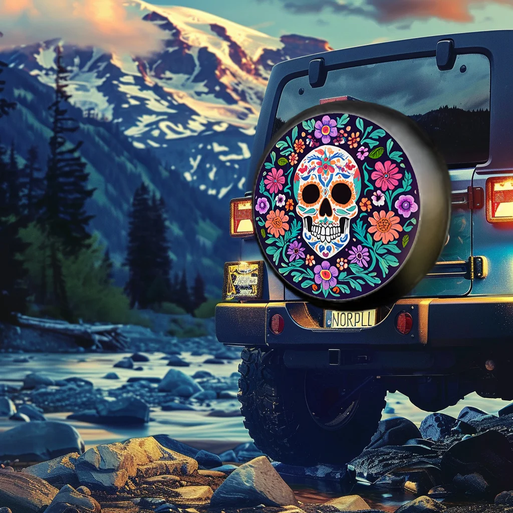 

A Tire Cover Featuring A Day Of The Dead Style Skull Design From Mexico, Suitable For Off-Road Vehicles, Jeeps, Rvs, And Vans, S