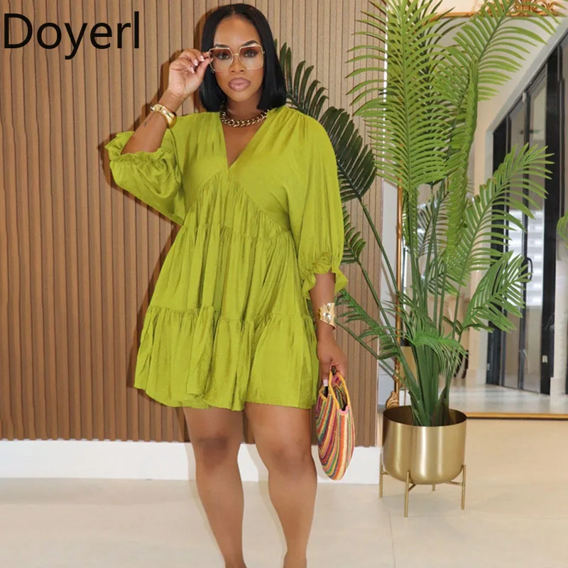 Doyerl Solid Casual Sukienki Bluzki w Kształcie Litery A Damskie z Rękawem Letnie Ubrania Dekolt V Krótki Rękaw Luźne Falbanki Mini Sukienka Koszulowa