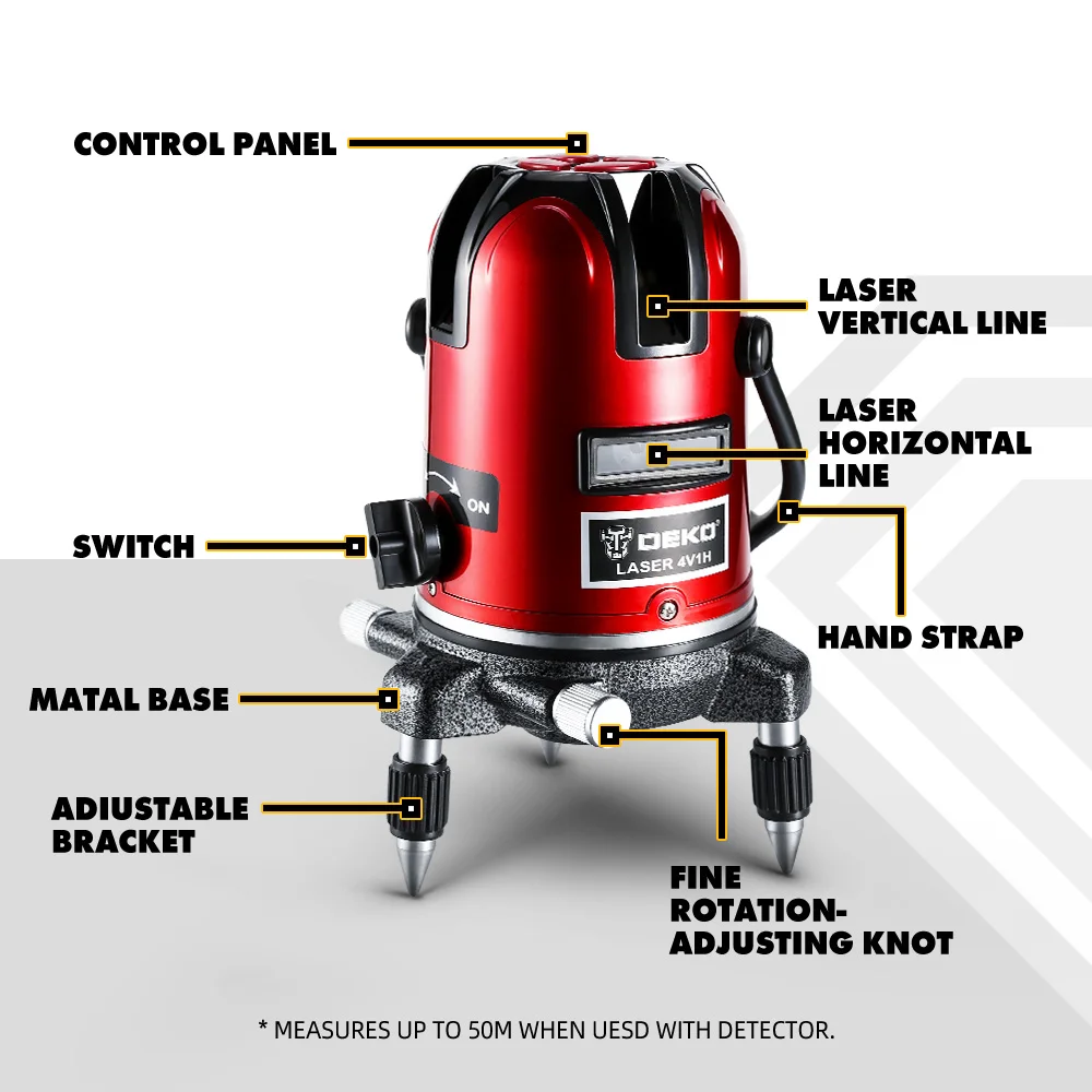 DEKO LL57/58 Red Vertical Horizontal Laser Lines 5 Lines 6 Points Laser Level Self Leveling 360 Degrees Indoor/Outdoor Receiver