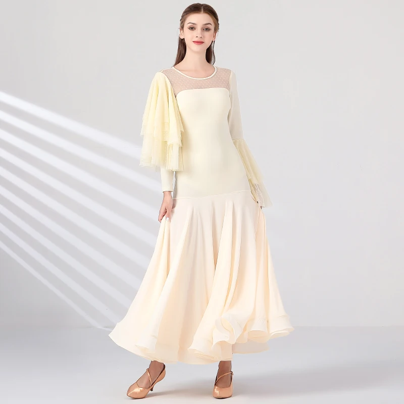 Crewneck Mesh Panel Ruffle Sleeves Women Standard Ballroom Dance Dress Fringe Viennese Waltz Dress Rumba Dance Wear Ball Gown