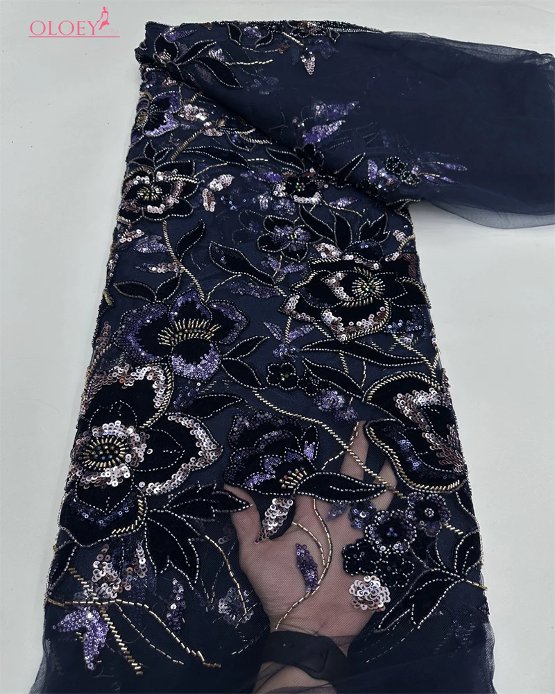 OLOEY  Luxury Velvet Lace Fabric Beaded High Quality Nigerian Beaded Lace Fabric Fashion Sequins African Laces Fabric For - Image 4