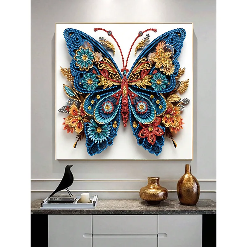 30*30CM DIY 5D Diamond Painted Butterfly Cross Embroidery Set with Partial Irregular Embroidery Mosaic Art Home Decoration