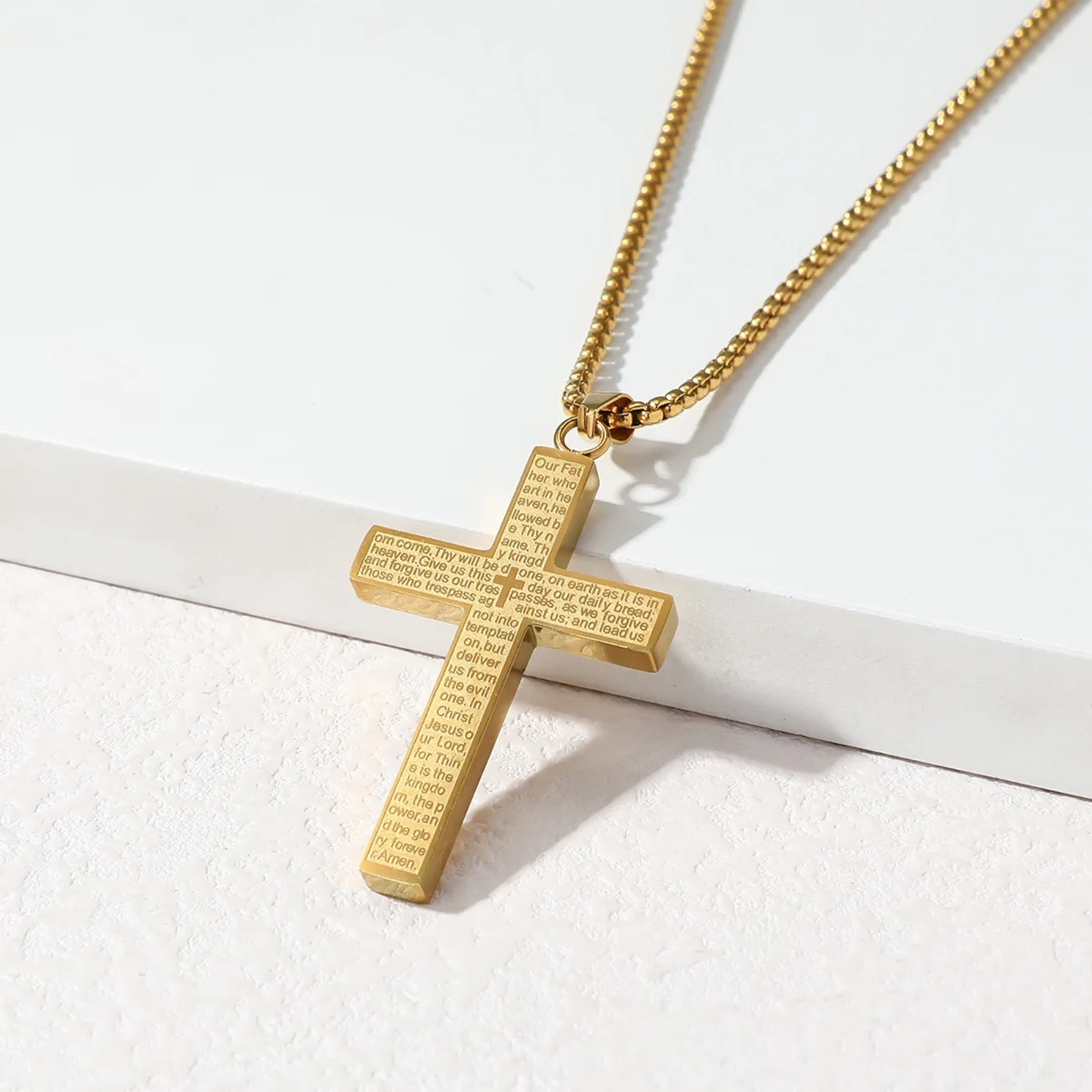A simple and fashionable scripture cross stainless steel pendant necklace chain length of 60cm is suitable for daily gifts.