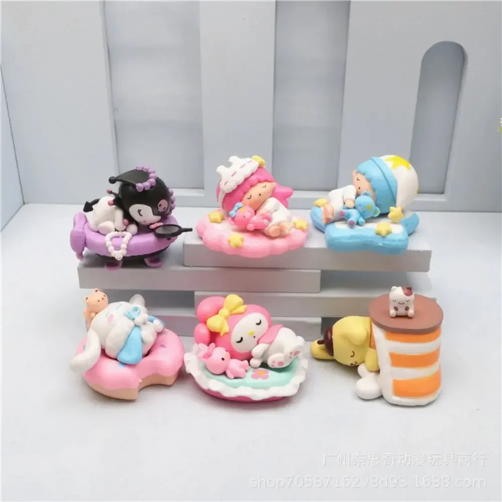 6 Stuks Kawaii Anime Sanrio Slaapserie Melodie Kuromi Pompompurin Kleine Tweelingsterren Cartoon Actiefiguren Speelgoed Ornament Cadeau