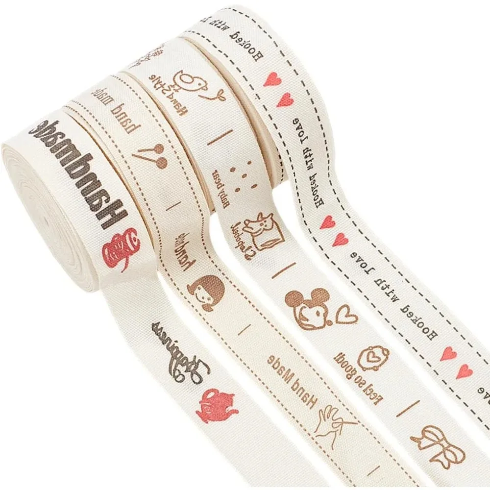 

21.8Yards 4 Styles Cotton Printed Ribbon 3/5 inch Wide Labels Sewing Ribbon Handmade with Love Printed Ribbons for Gift Wrapping
