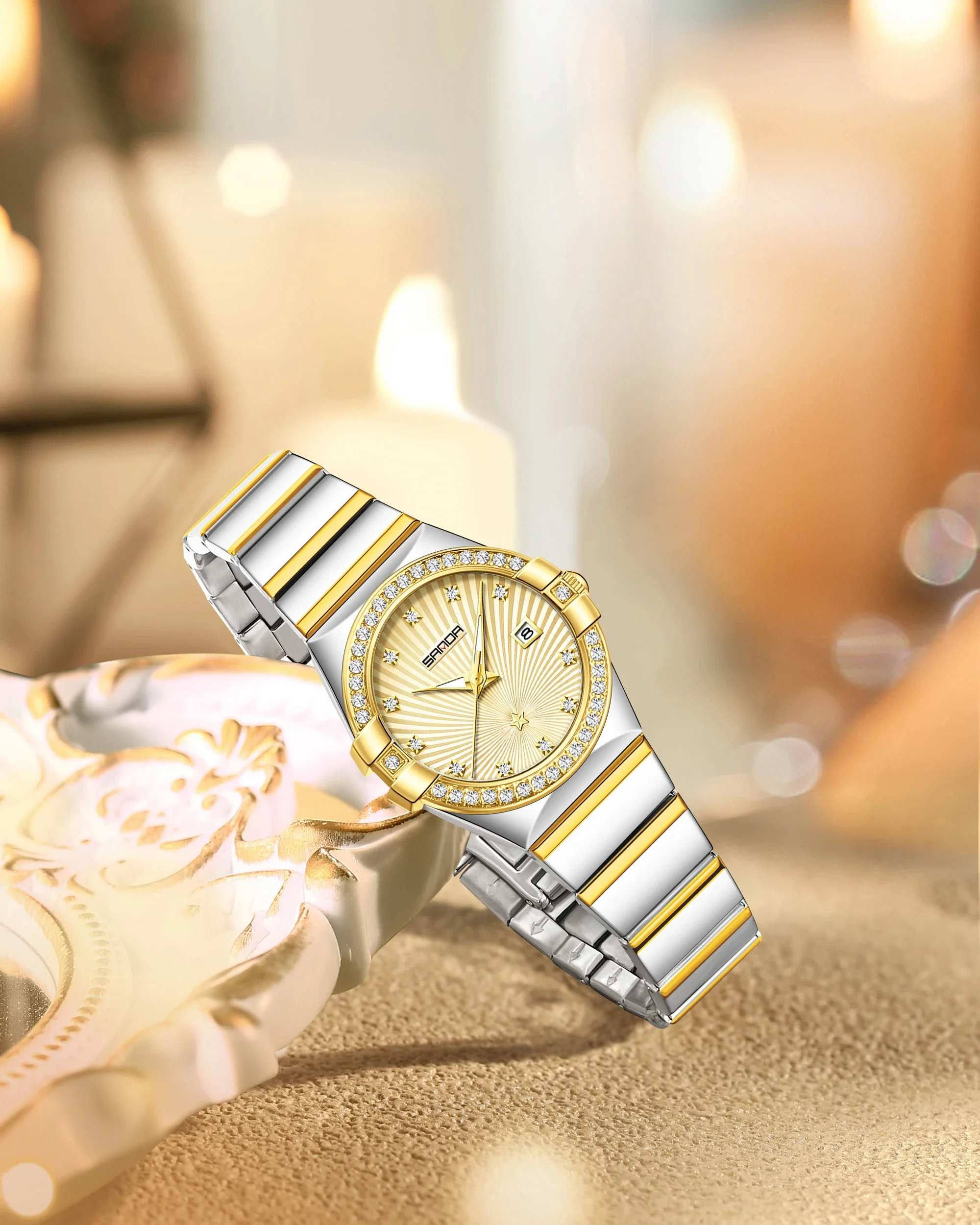 SANDA1147 Fashion Women's Quartz Watch with Mother of Bell Dial and Diamond studded Steel Strip 3ATM Waterproof Women's Watch