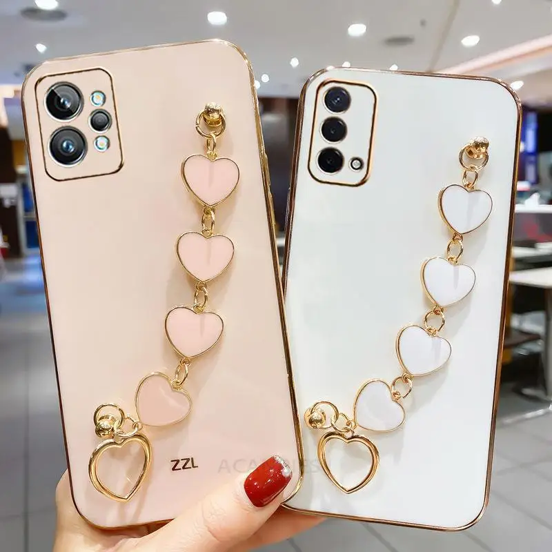 Luxury Plating Love Heart Bracelet Chain Case On For Oppo Realme Gt Neo 2 3 3T Master Edition C21y 2t 5G Cover Neo2