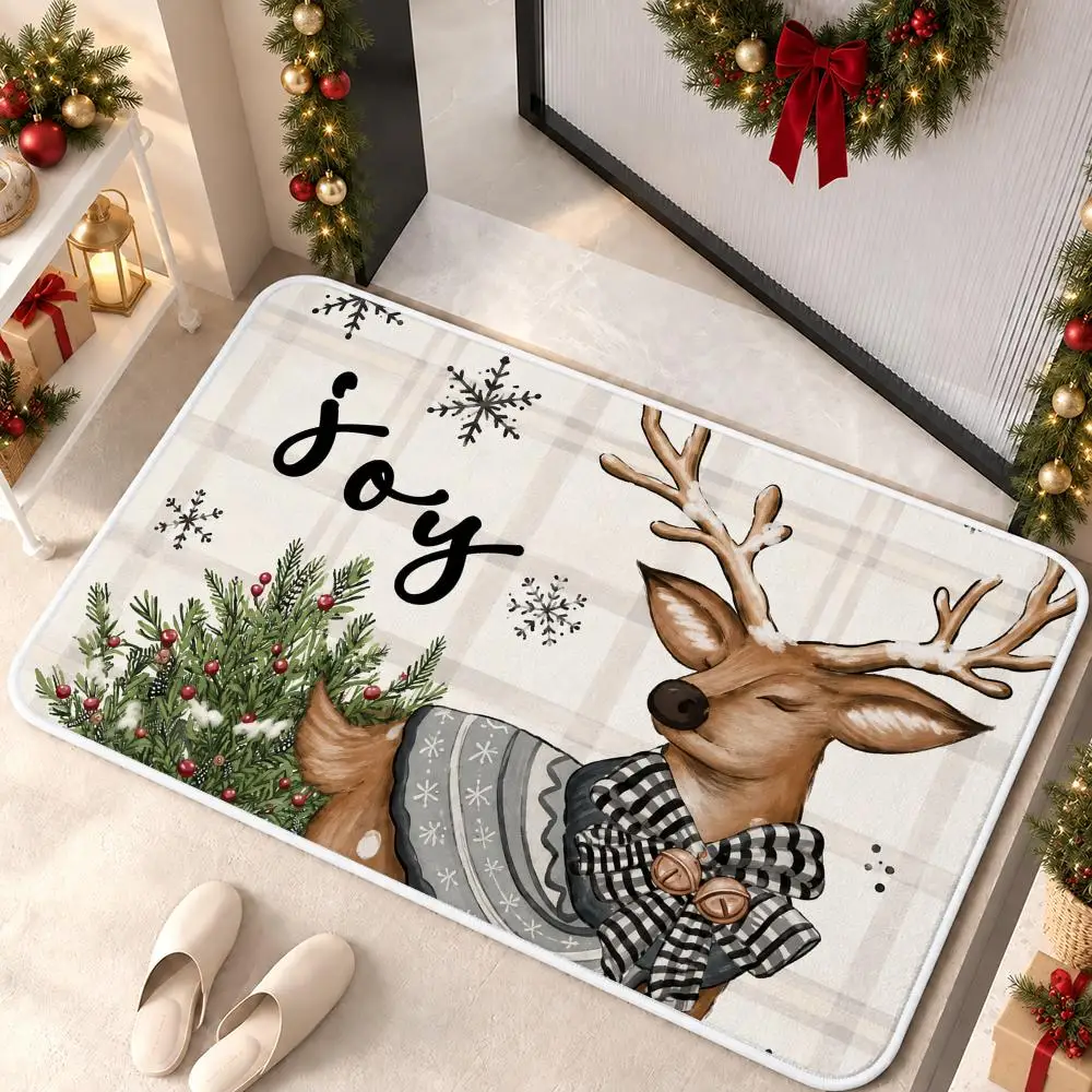 Merry Christmas Snowman Floor Mat Flannel Rug Soft Non Slip Door Mat for Bathroom Bedroom Kitchen Festival Home Decor