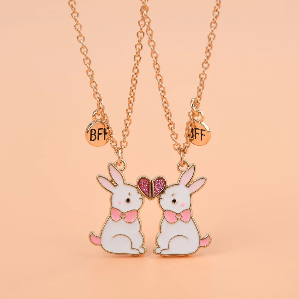 Lovecryst 2Pcs/set Cartoon Rabbit Magnetic Drip Oil Alloy Pendant Best Friend Necklace for Kids Girls Fashion Friendship Gifts