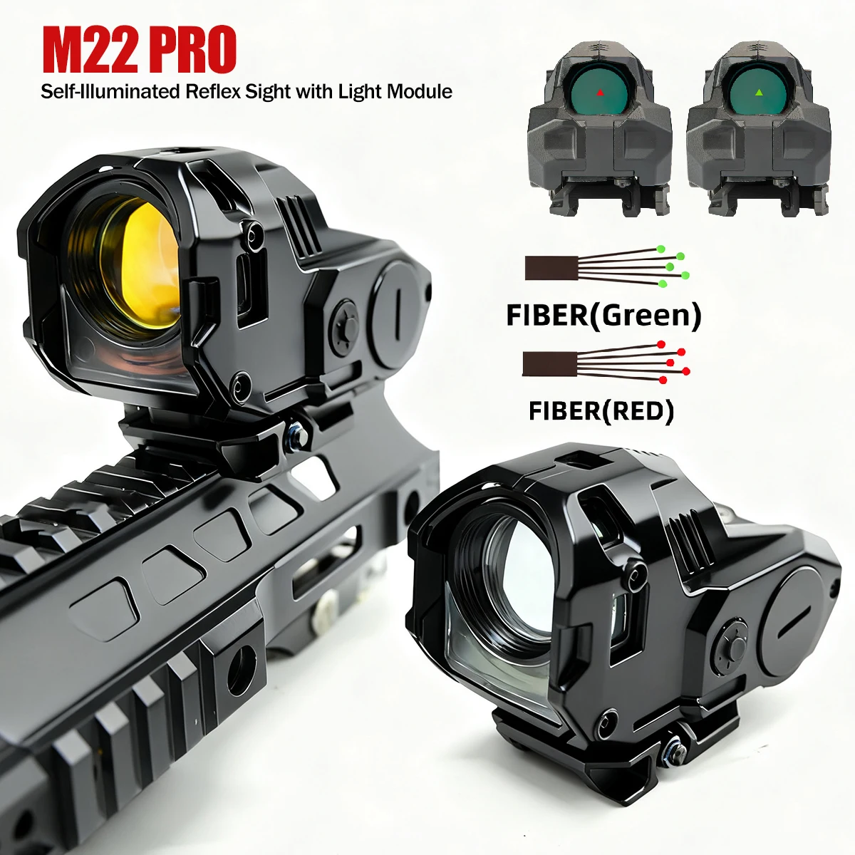2025 جديد M22 PRO ألياف بصرية حقيقية منظر نقطة حمراء رؤية عاكسة ذاتية الإضاءة 10 MOA مثلث أحمر/أخضر نطاق بندقية شبكاني
