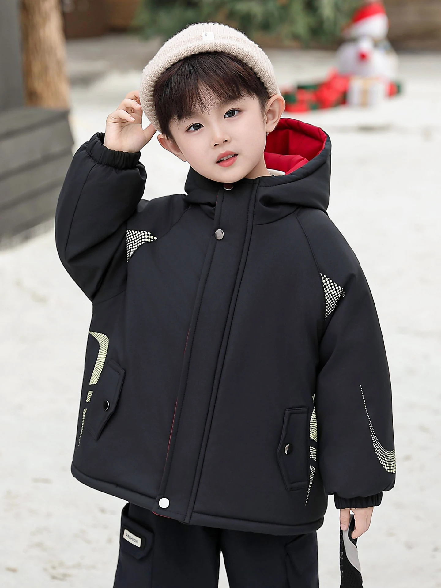 

Утепленная флисовая детская парка для мальчиков, осенне-зимняя, новая, красная, праздничная, хлопковая куртка с капюшоном