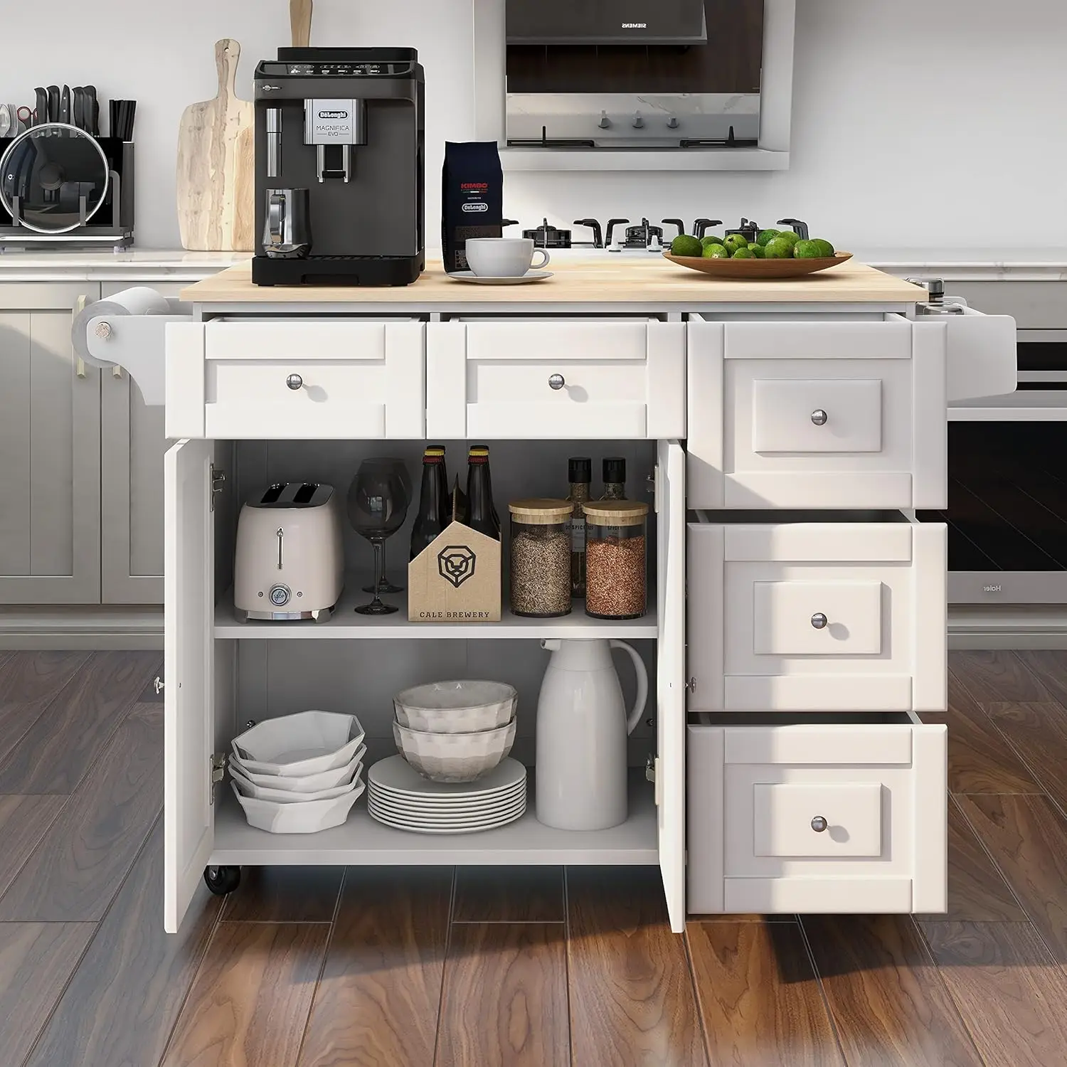 Kitchen Island with Drop Leaf,Kitchen Cart Rolling Mobile Island with Wooden , Spice Rack,Adjustable Shelves a